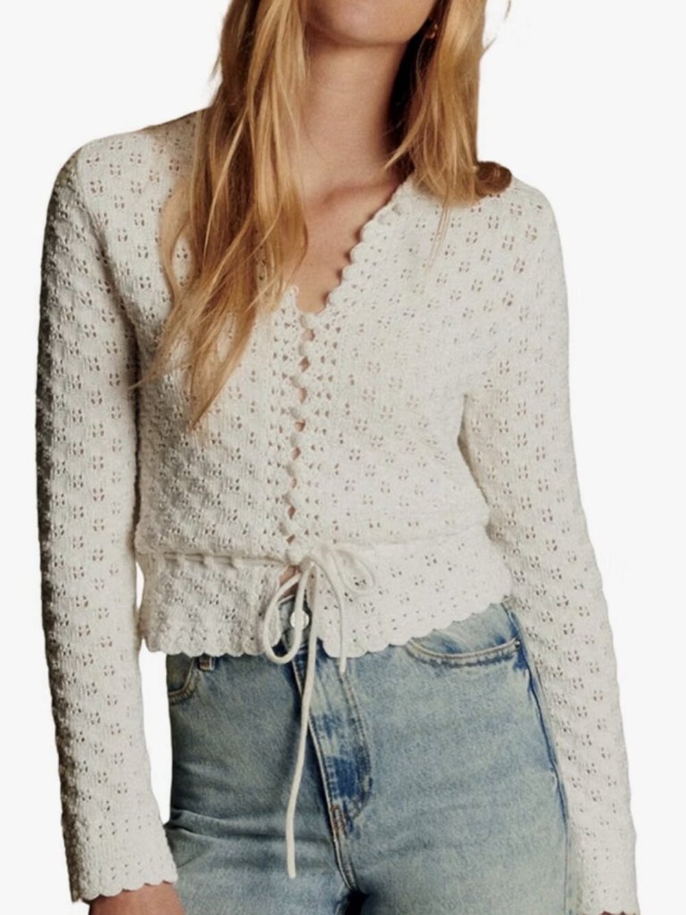 White Crochet Tie Front Cardigan Sweater Knit Top NWT Size L